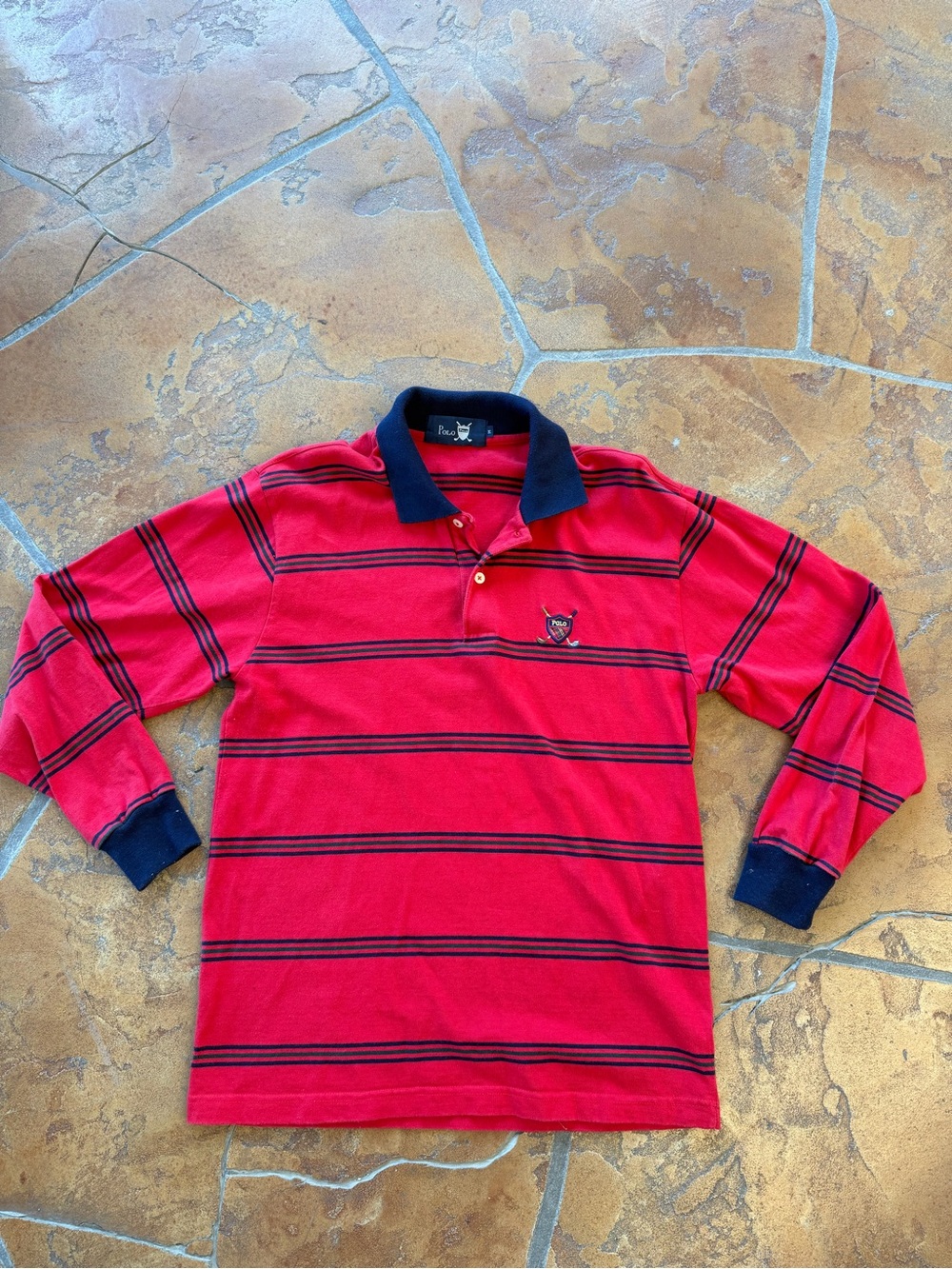 VTG 80s-90s Polo Men's Regular Long Sleeve Striped Polo Shirt Red/Navy/Green M